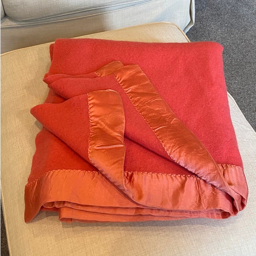 Vintage Wool Coral Pink Throw Blanket with Satin Trim Heavyweight 72 x 82